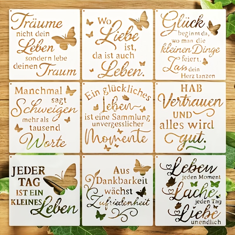 E-shop 3,94-Zoll Wiederverwendbare Schablonen mit 9 deutschen Zitaten-Designs - Transferblätter Ideal für T-Shirts, Tragetaschen, Grußkarten und