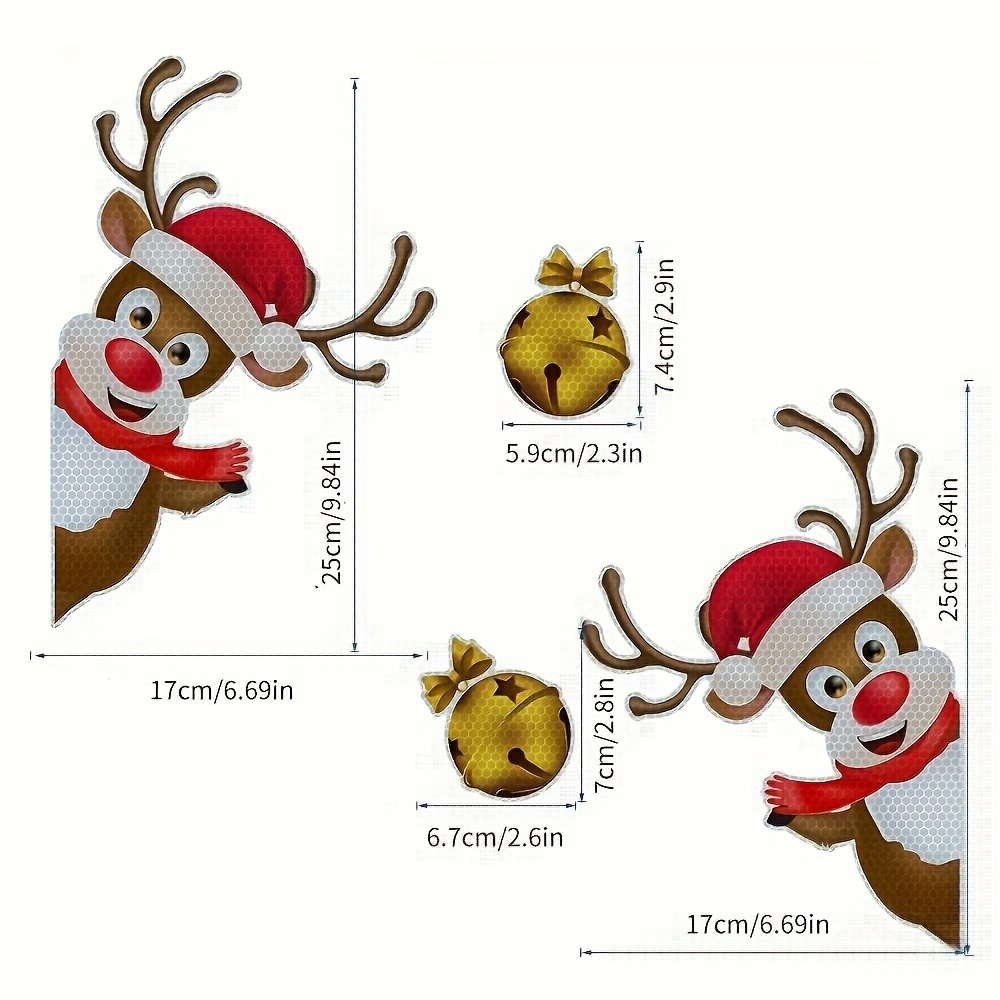 Image of Christmas Reindeer & Bells Magnetic Car Decal, Reflective Light Bulb Design, Self-adhesive Plastic Sticker For Vehicle & Fridge, Reusable Compatible
