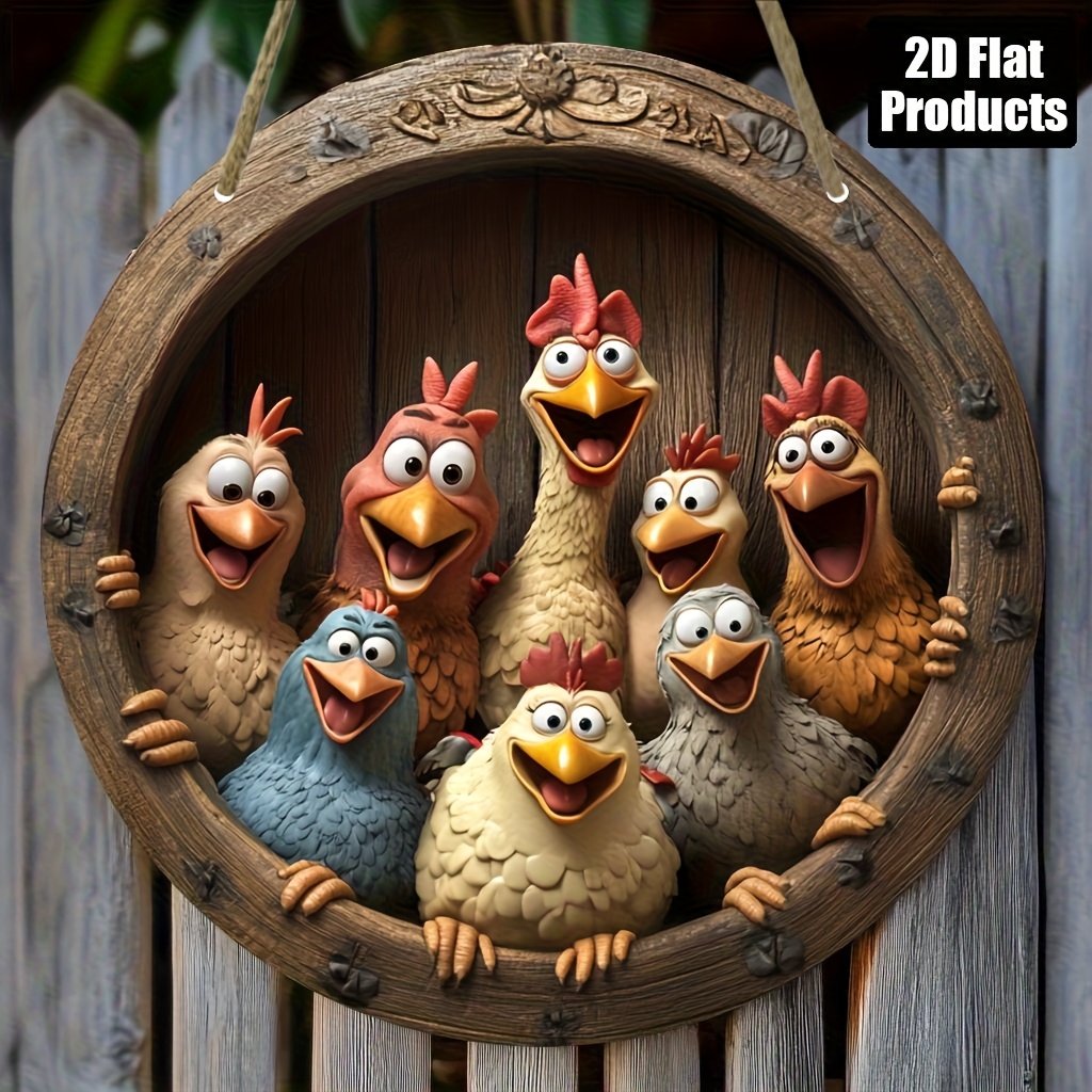 Image of 2d Flat, 1pc, Chicken Laugh Theme Round Wooden Sign Decorative Art Piece, High-definition 2d Wooden Plaque, Vintage Decor, Perfect Gift For Home, Office, Living Room, Size 20.32x20.32 Cm