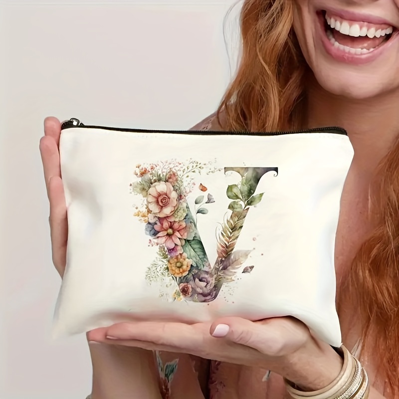 Image of Alphabet Floral Canvas Pouch, , Cosmetic Bag, Clutch, Toiletry Bag, Pen Case, Gift Bag, Ideal For Mothers, Daughters, , Teachers, Essential For Graduation, And Holidays