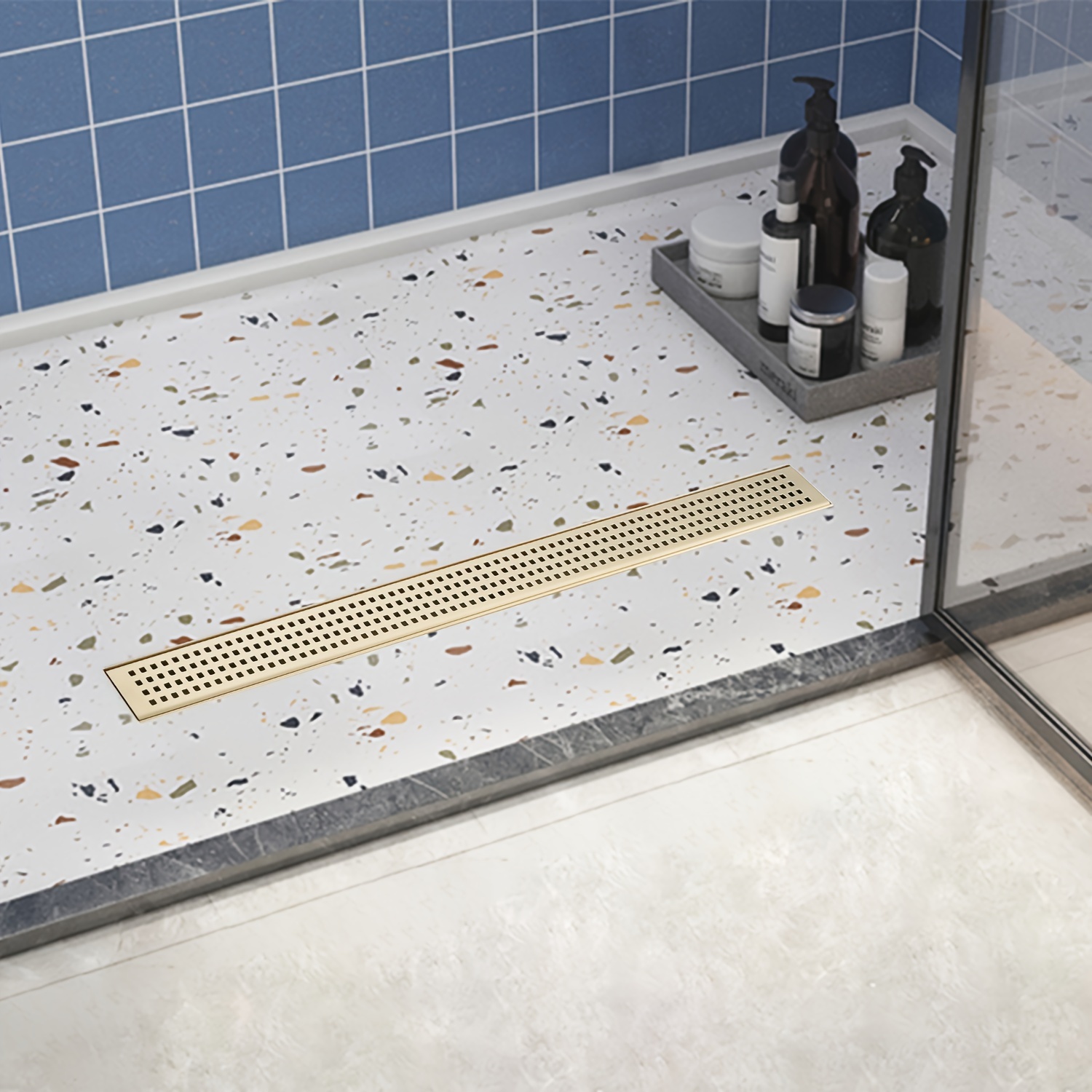 

1pc 28 Inch Brushed Golden Shower Linear Drain, With Removable Square Hole Pattern Cover Grate, Stainless Steel Fast Drainage Floor Linear Drain Include Adjustable Feet, Hair Strainer