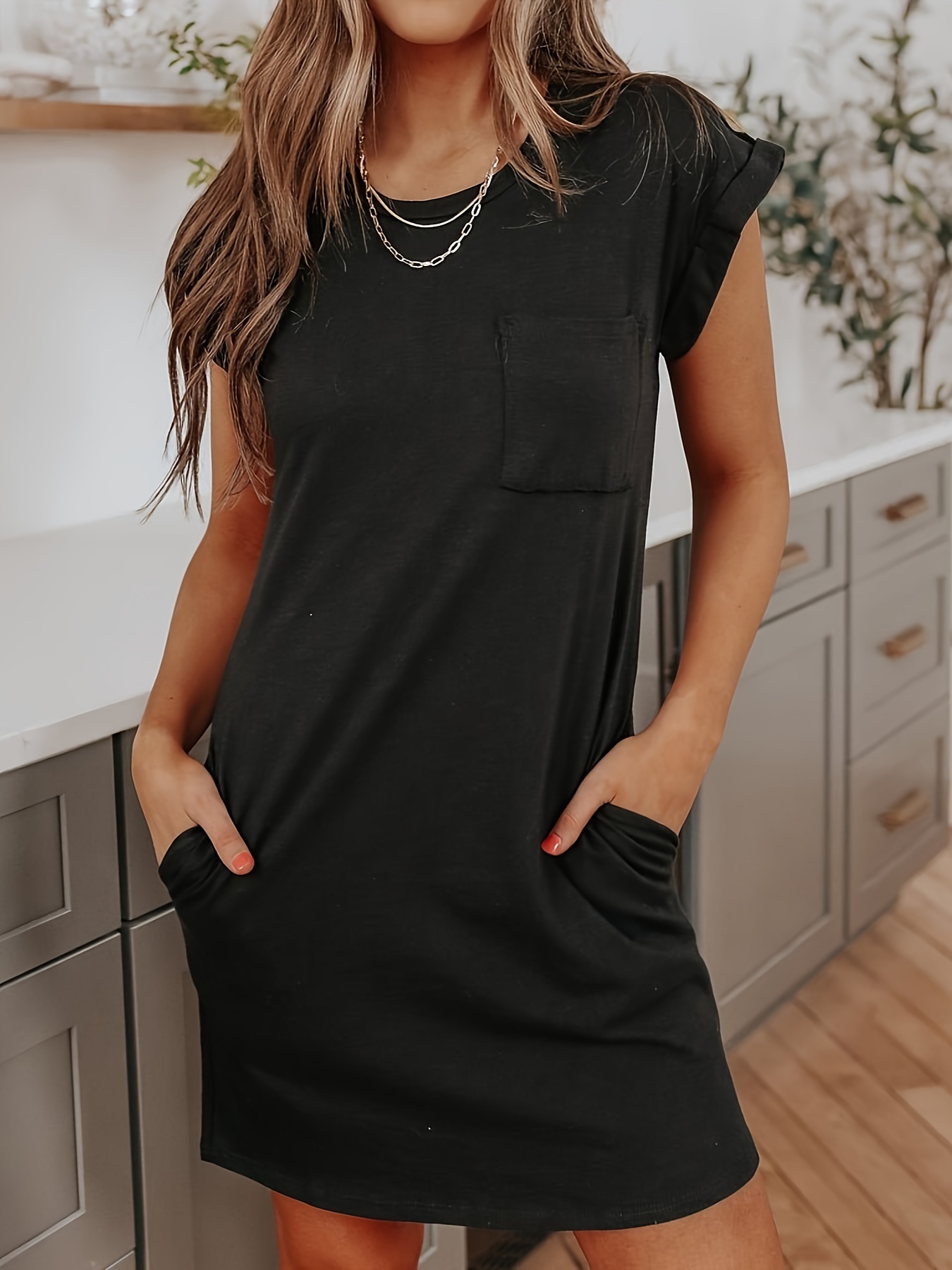 womens batwing sleeve round neck pocket dress loose fit knee length summer dress with h   washable medium stretch solid black casual to semi formal   fashion knee length style comfortable fashion black 0