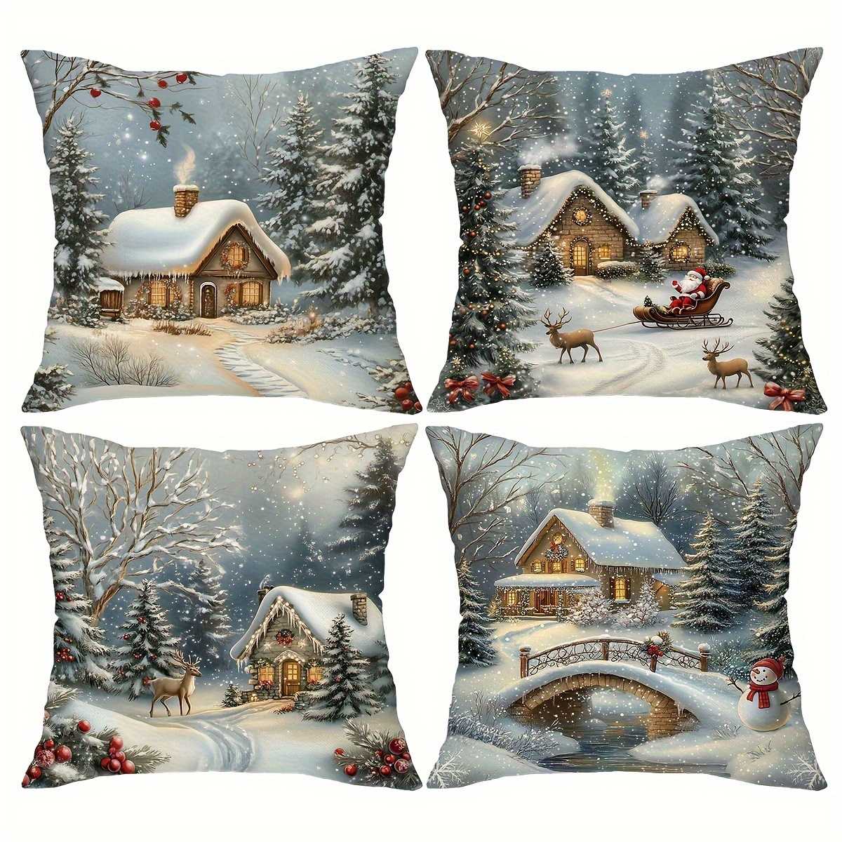 

4pcs Christmas - 18"x18" Elk Cushion For Porch, , Sofa, , - , , And To - For Christmas Decorations ( Not Included)