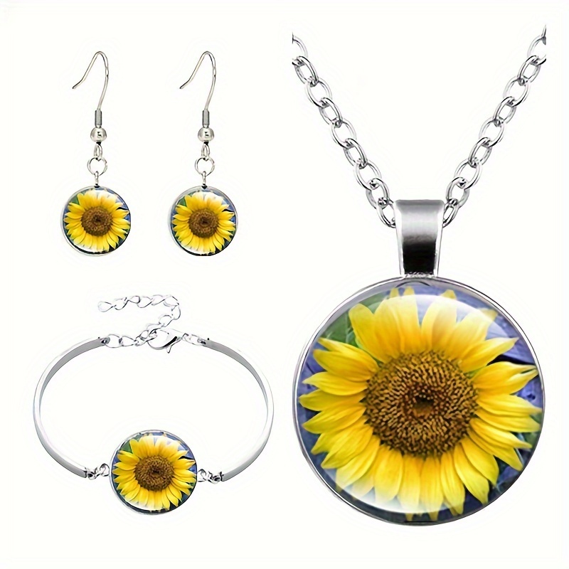 

Sunflower Time Gem Pendant Necklace Set Fashion Bracelet Earring Jewelry Set Three-piece Set