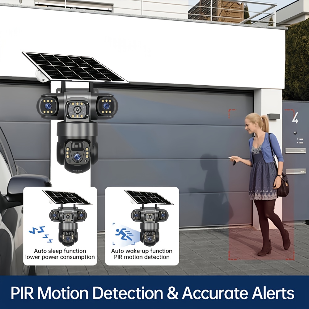 4G Solar-Powered Security Camera V380 Pro | Triple Lens & Triple Screen, PTZ Pan-Tilt-Zoom with Auto Tracking & AI Human Detection, H.265 Video Coding, Color Night Vision, 355° Horizontal & 90° Vertical Rotation, Two-Way Audio, Mobile App Control