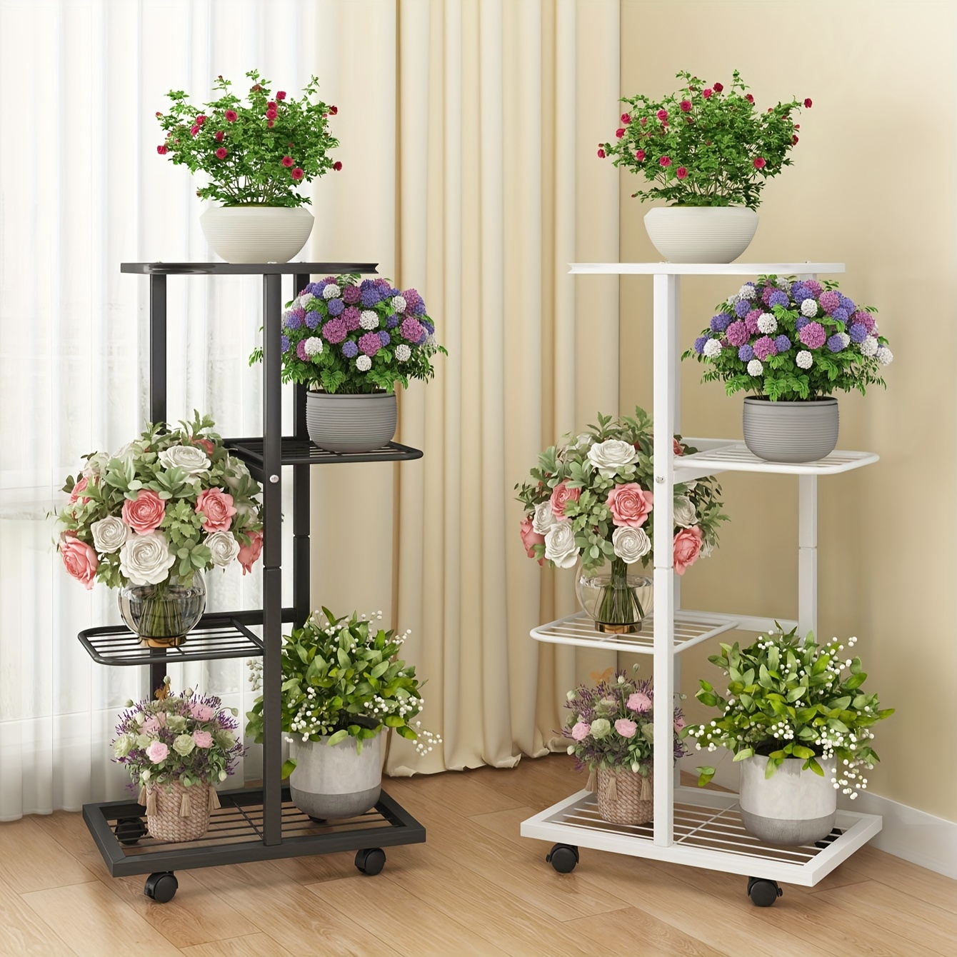 

Support pour plantes à 4 niveaux et 5 pots avec roues mobiles, support pour pots de fleurs en métal, adapté pour et , cadre décoratif, étagère de rangement pouvant contenir 5 pots de fleurs