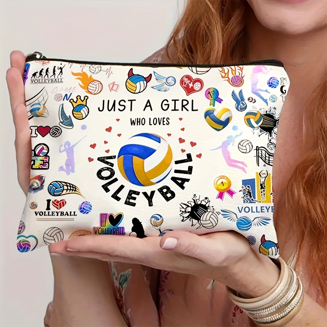 TEMU 1pc Volleyball-themed Makeup Bag - " Who Volleyball" Design, Polyester, Multicolor, Adult Athlete Storage Pouch, Ideal Gift For Volleyball And