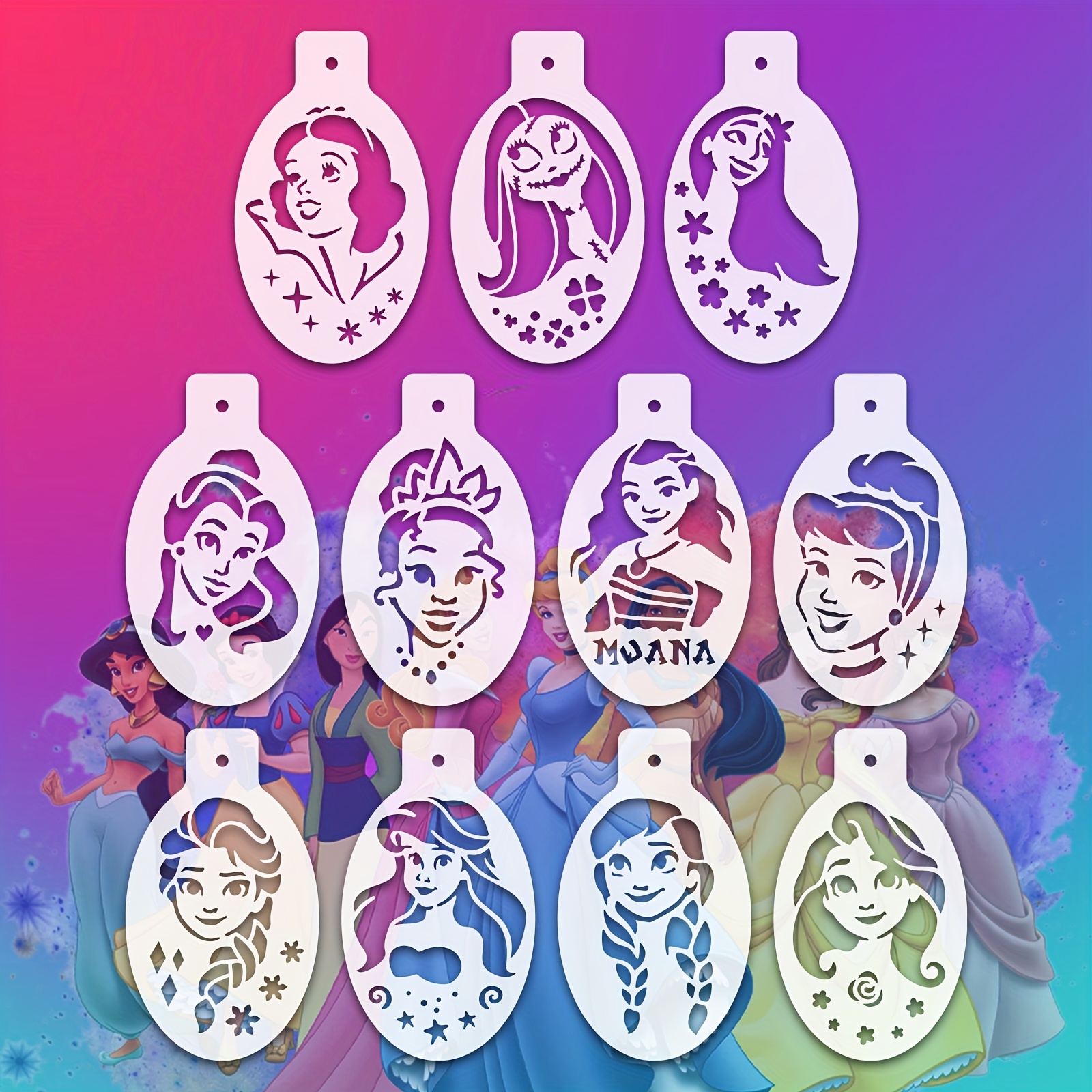 TEMU 11pcs Princess Face Painting Stencils, 2.76in X 4.7in Reusable Tattoo Stencils, Character Stencils, Face And Arm Tattoo Stencils, Body Painting