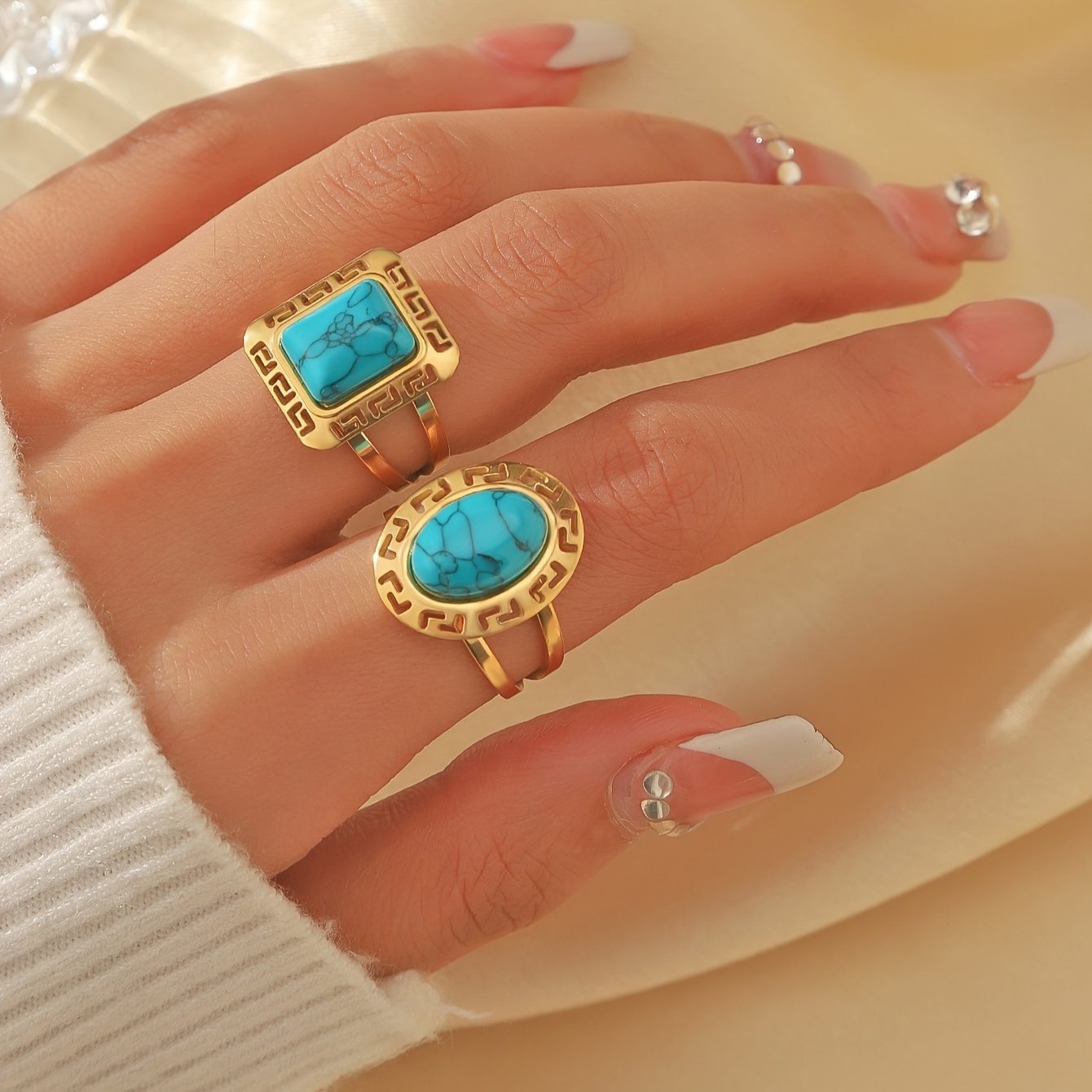 

Stainless Steel Ring Inlaid Turquoise Geometric Square Oval Ring Vintage Style Finger Jewelry