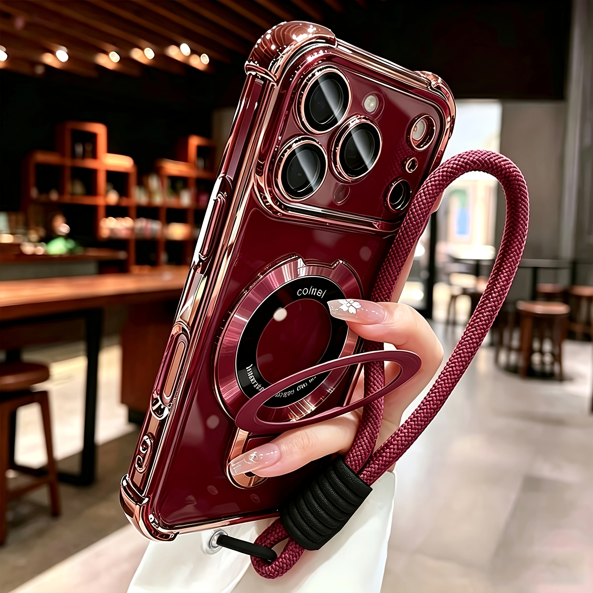 TEMU Coque de téléphone : 2 pièces [coque de téléphone + lanière] Étui de -chute avec support épais et lanière pour iPhone 18 Pro Max 18 Pro 17 16 15