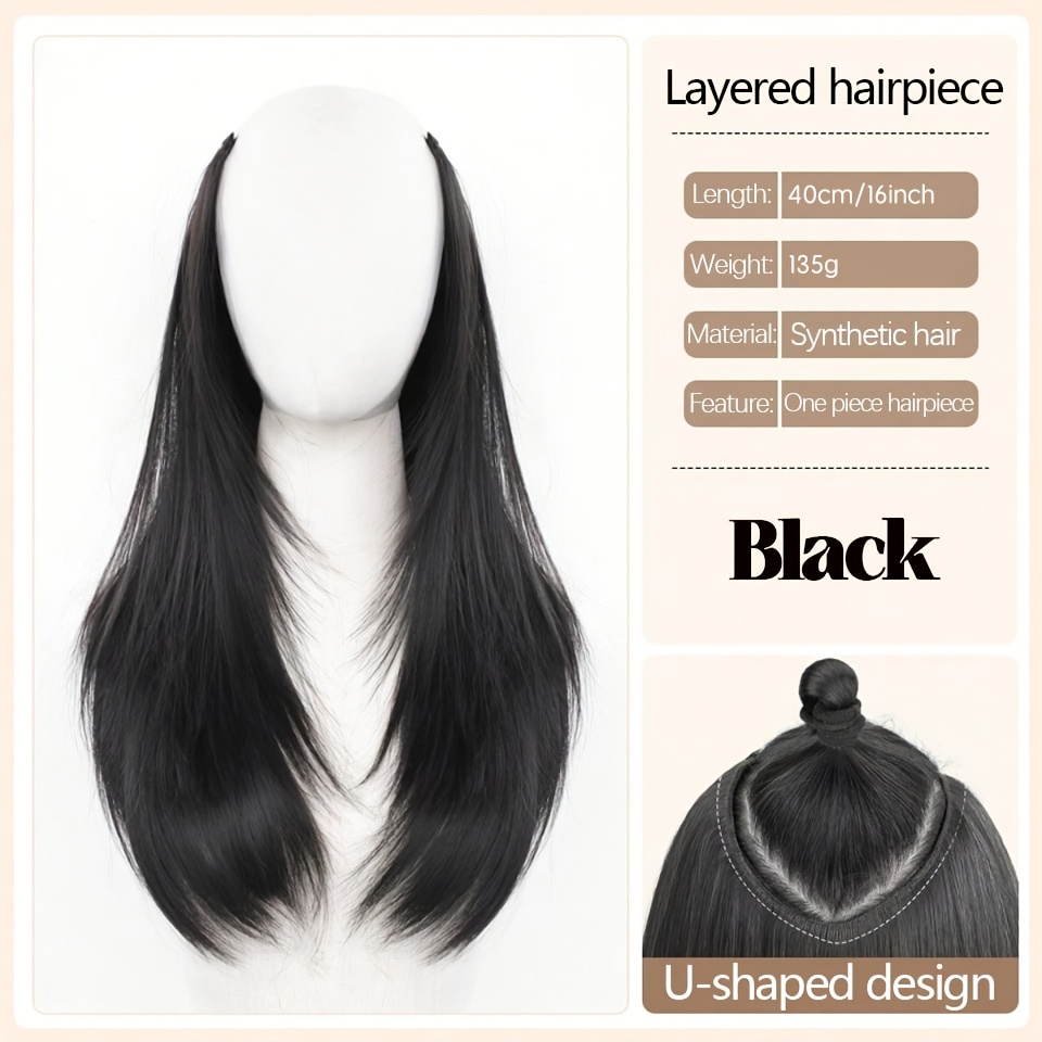 TEMU Black Layered 40cm U-shaped Clip-in Hair Extensions For Women Synthetic Heat-resistant Fiber Hair Piece Invisible Clip-on Hair To Add Volume