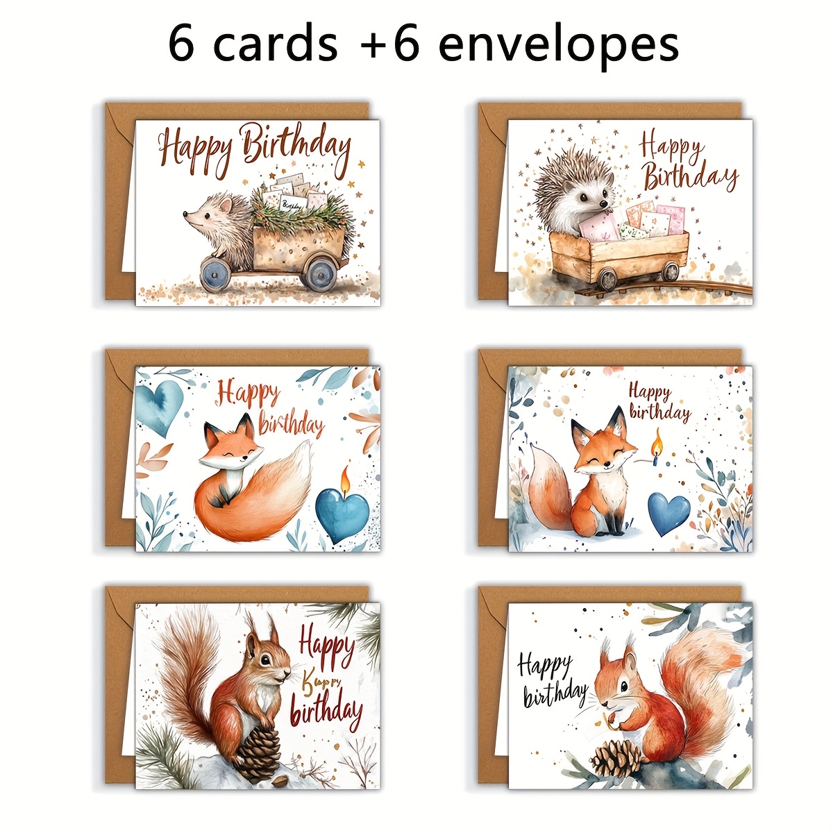E-shop 12 Stück Geburtstags- Handbemalte Igel, Eichhörnchen, Fuchs Serie Illustration Geburtstagskarten mit Umschlägen, Segenskarten, Geburtstagskarten