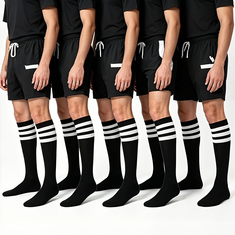 TEMU 5-pair Spring/summer New Breathable Sweat-absorbent Simple Versatile Black Striped Soft Comfortable Unisex Sports Calf Socks, Football