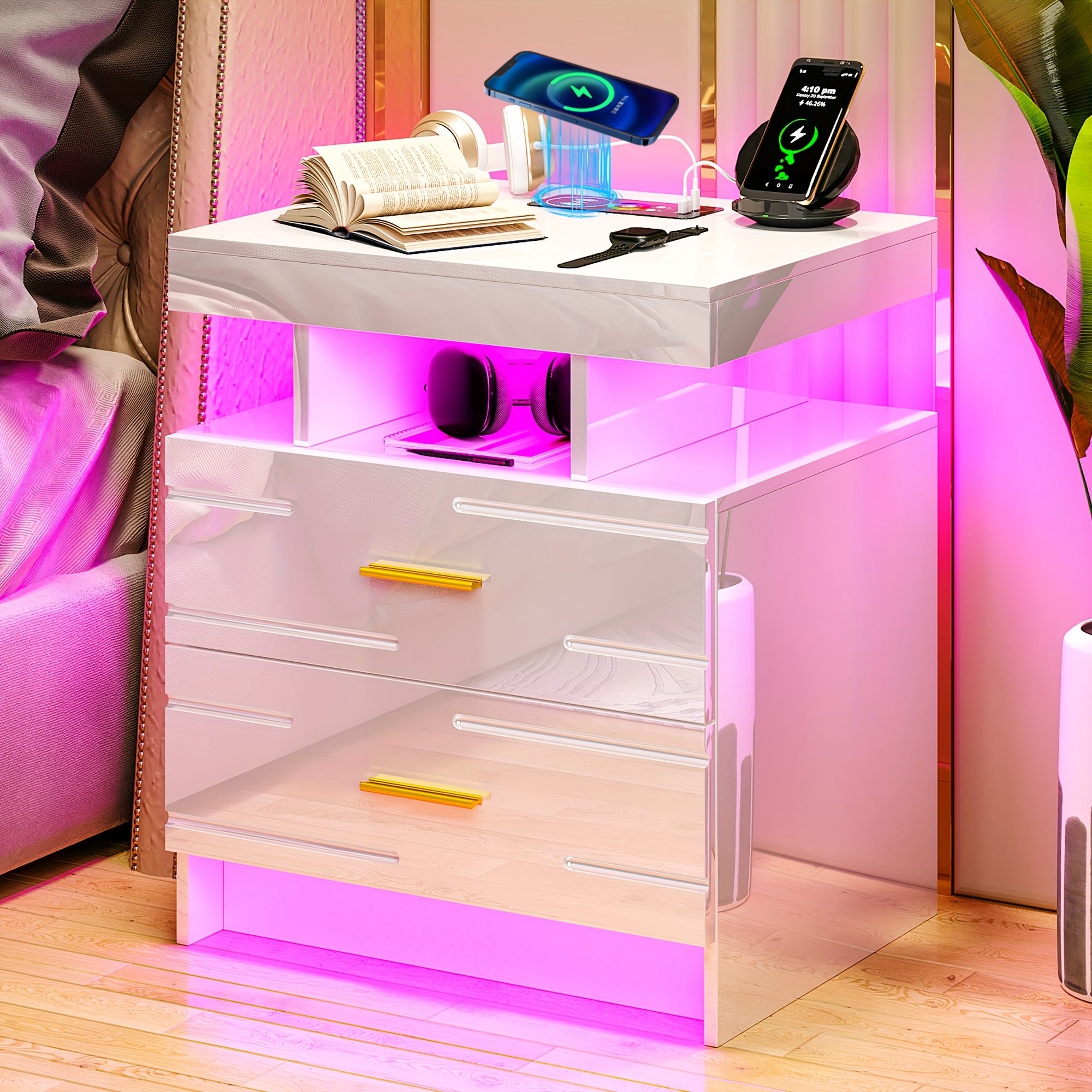 

Lvifur Led Nightstand With Wireless Charging Station, Smart Night Stand With Human Sensor 24 Colour Lights, Bed Table With 2 Drawers For Bedroom