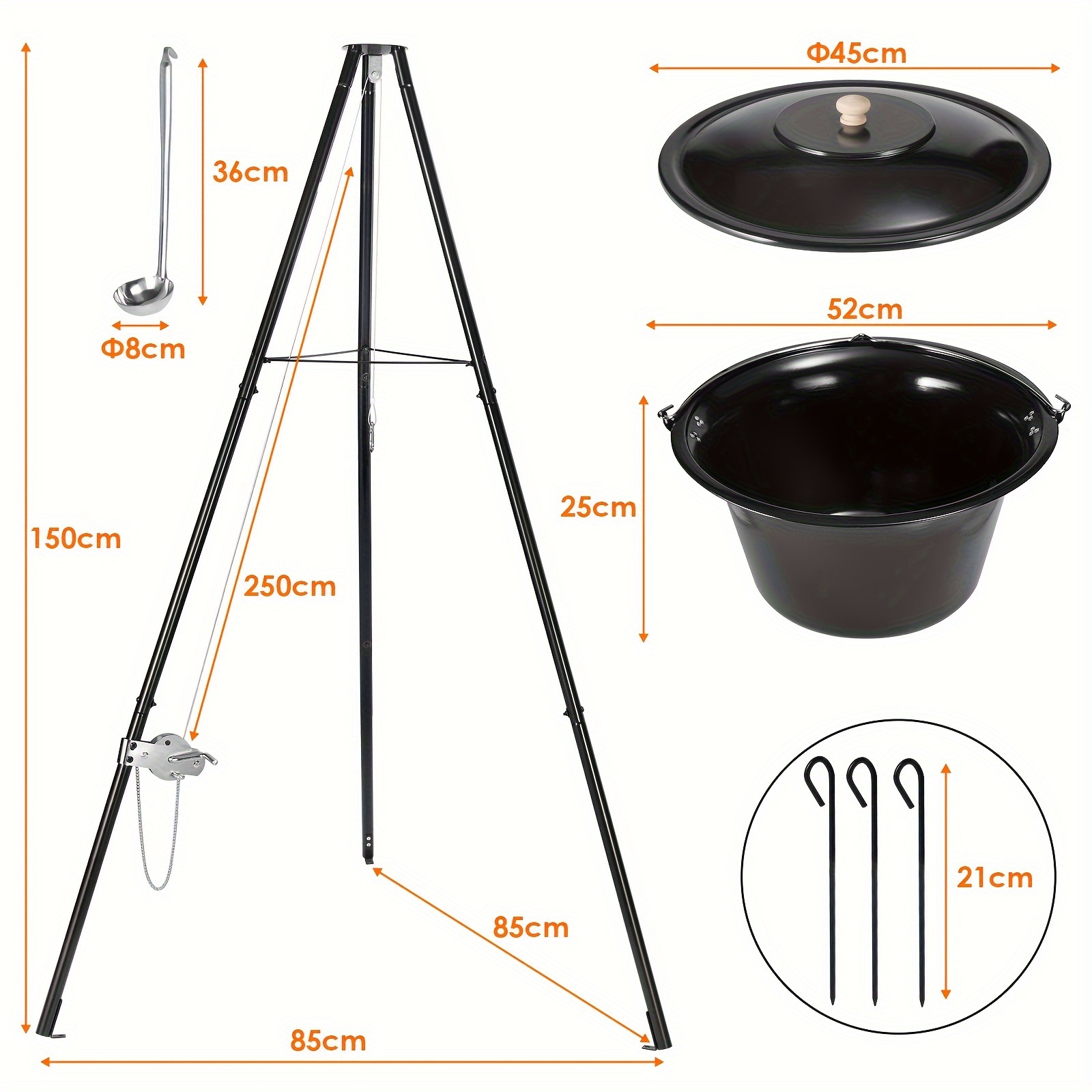 Image of Outdoor Stove, Outdoor Soup Boiler, Soup Pot Hanging Chain Stove With Tripod And Spoon, Height Adjustable, Kettle Beef Stew Pot Set, Suitable For Garden, Camping, Party Use