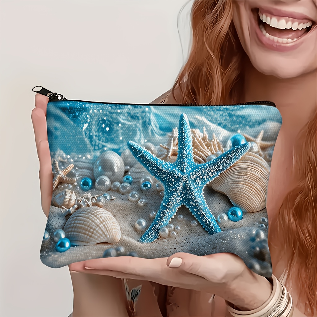 TEMU Borsa da trucco da spiaggia 1 pz con conchiglia e stella marina - Organizzatore da viaggio con chiusura a cerniera per cancelleria, forniture |