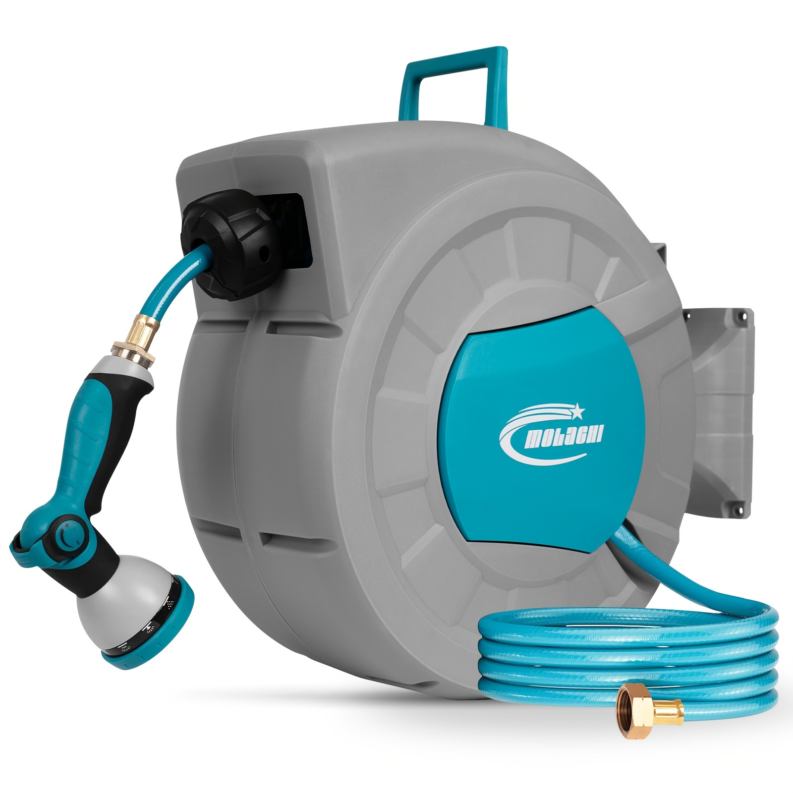 

Molarso Wall-mounted Retractable Garden Hose Reel - 3/4" X 92ft, Teal & Gray, With 9 Nozzle, 180° Swivel, Solid Bracket, And Any Length Lock - For Home Gardening