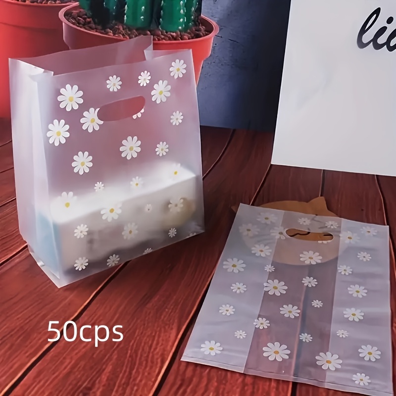 TEMU 50pcs Reusable Plastic Bags With Cute Daisy Flower - Transparent Tote Suitable For Party Favors, Wedding Favors, Birthday Gifts, Treats, Craft &