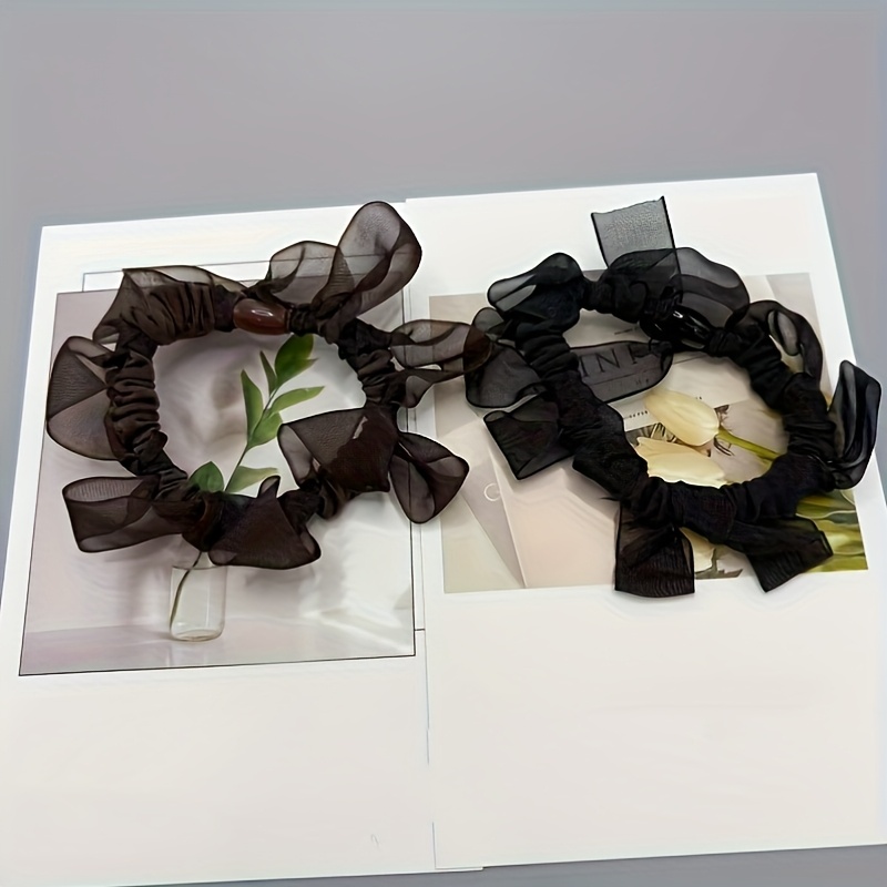 TEMU 2-pack Knotted Tulle Hair Ties - Black & Coffee -free Scrunchies With Mesh Wrapping, Gentle Elastic Bands For Daily/casual/office (elegant Adult
