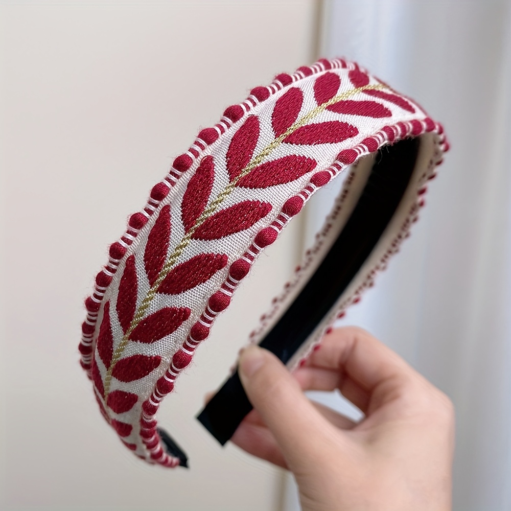 TEMU New Retro Embroidered Wide-brimmed Headband For Women Fashion Easy Colorful Leaves With Teeth Non-slip Hair Clip Versatile Essential For Going
