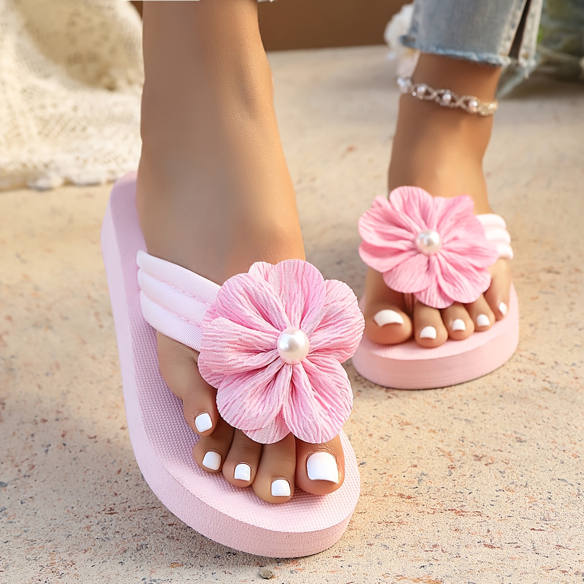 TEMU sandales d'été rose tendance pour femmes, tongs épaisses en EVA pour les pieds , pantoufles plates à talon mi-haut + double léger et respirant,