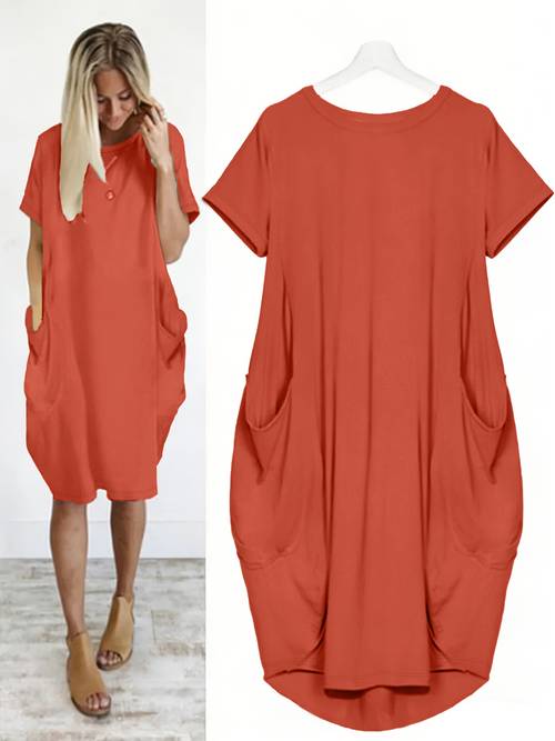 plus size plus size chibi directional beautiful womens plus size round neck loose short sleeve solid color dress with pockets