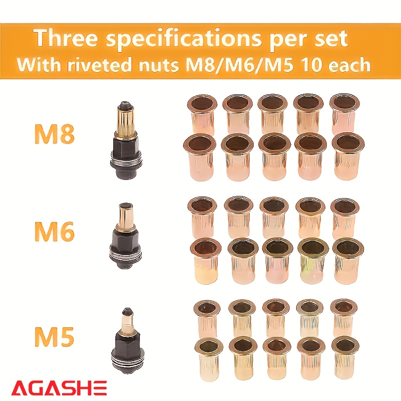 TEMU 33pcs Rivet Nut Tool Kit, M5 M6 M8 Manual Rivnut Tool Set With 30 Threaded Rivet Nuts, Hand Rivet Nut Gun For Thin Metal Sheet, Automotive