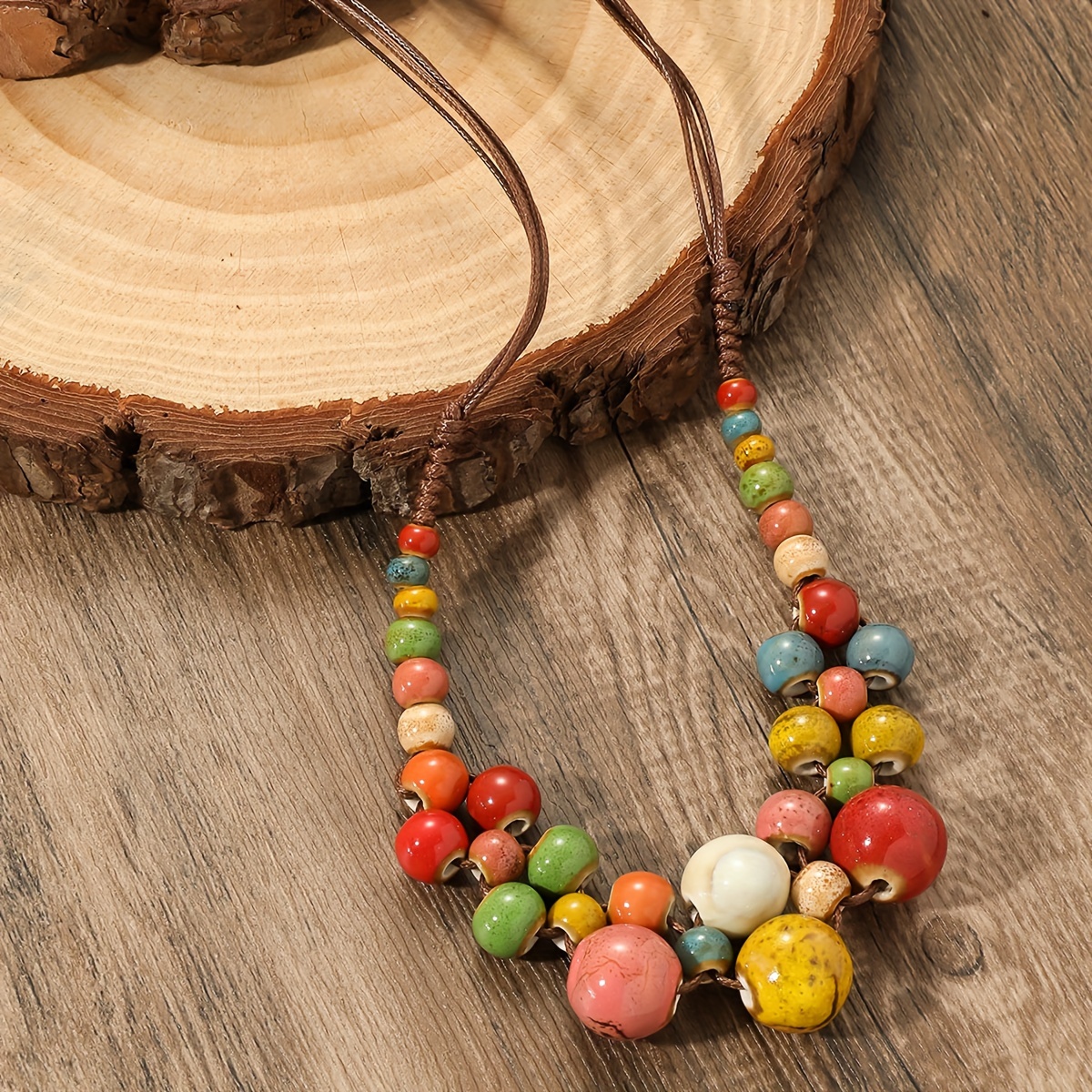 

1 Vintage Bohemian Style Women's Necklace With Ceramic Beads - Braided Cord, , Vacation & Party Wear