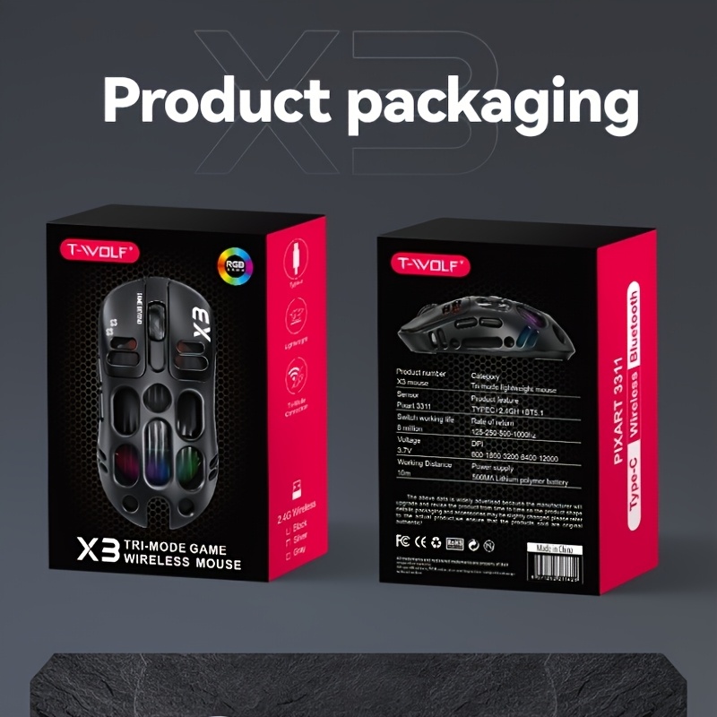 wolf x3 gaming mouse - wireless 3-in-1 wireless, rgb lights, dual-color scheme, high-resolution sensor, usb & type-c charging, durable plastic for pc gaming & typing,  , rechargeable battery Product details 2
