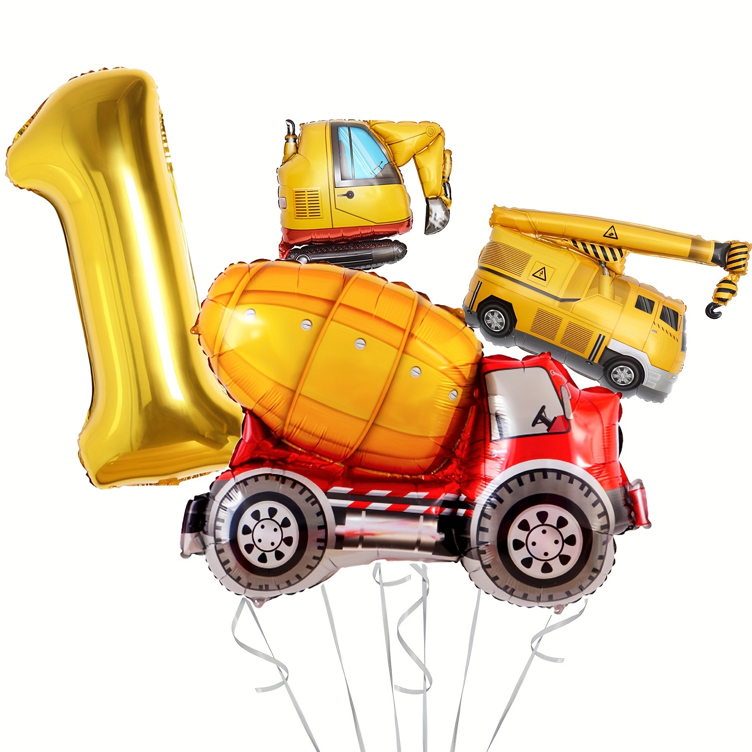 

Construction Themed 5-piece Foil Balloon Set For Birthday Party – Universal Holiday Suitable, Number 1 Shape, Includes Cement Mixer, Dump Truck, Excavator – Perfect For Ages 14+, No Electricity Needed