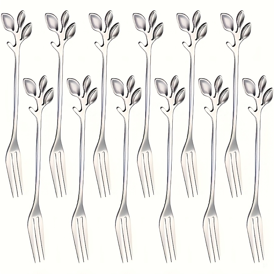 TEMU 12 Creative Dessert Forks With Leaf-shaped Handles, Made Of Durable Stainless Steel. Suitable For Stirring, Fruits, Snacks, Cakes, Cheese, And
