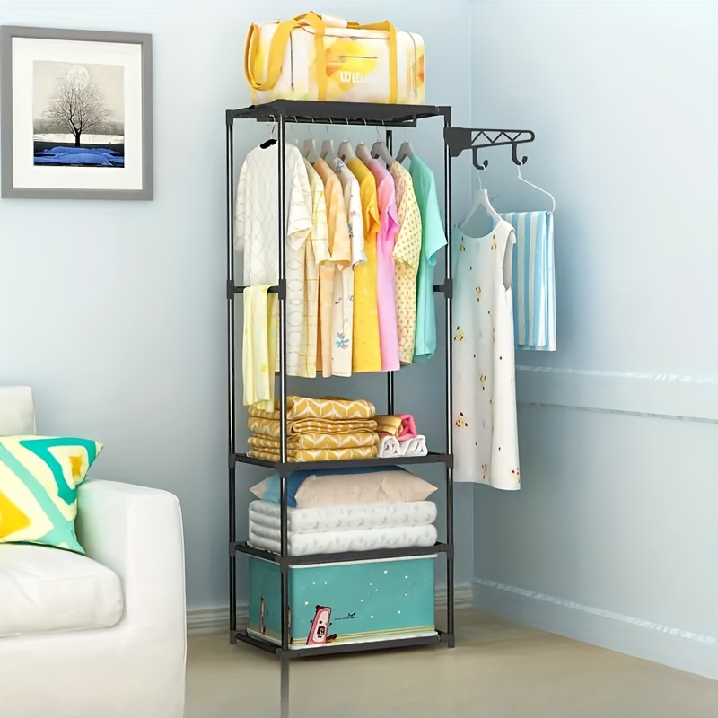 

Multi-functional Metal Closet Organizer: Single Row Clothes Rack With Hangers, Foldable Shelf, And Storage Box For Home Use