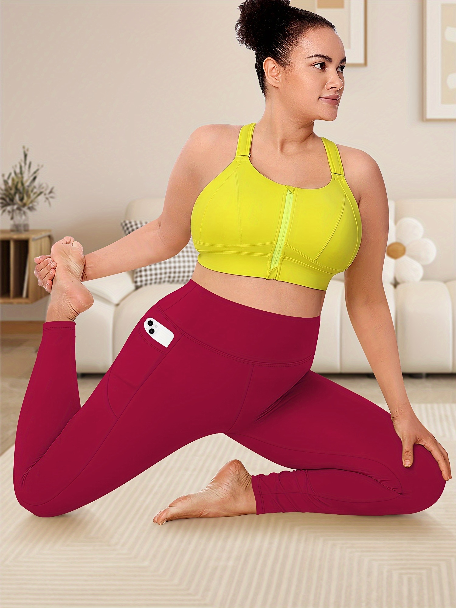 Women'S Plus Size High Waist Tummy Control Leggings with Side Pockets, 88% Polyester 12% Elastane, Knit Fabric, Stretchy Cropped Yoga Pants for Running & Fitness, All Season Solid Color Athletic Skinny Pants