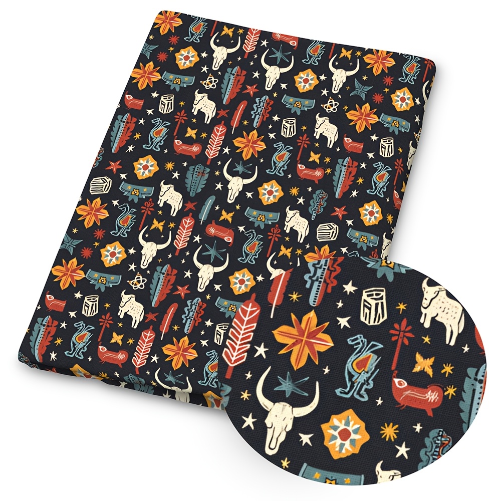 TEMU 1pc Western Cowboy Print Fabric - 59 X 19.68 Inches (150 X 50cm) Pre-cut Polyester Fabric With Rustic Cow & Cactus Patterns - Suitable For Diy