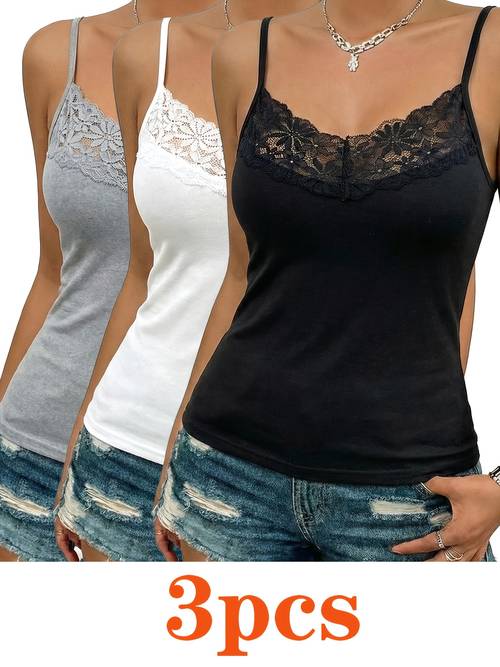 dames 3-delige basislaag tanktop met kantafwerking, ademend vest, modieuze mouwloze aansluitende top voor laagjes, yoga en sport