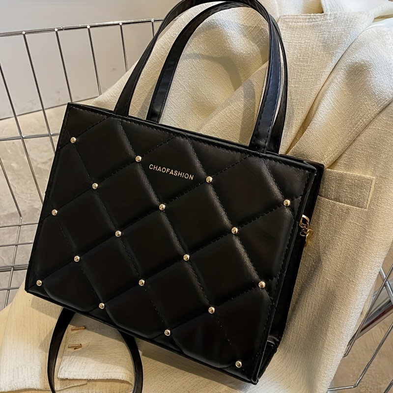 Solid Color Pu Textured Outing Korean Rivet Diamond Embroidery Thread Commuter Shoulder Crossbody Women' Bag