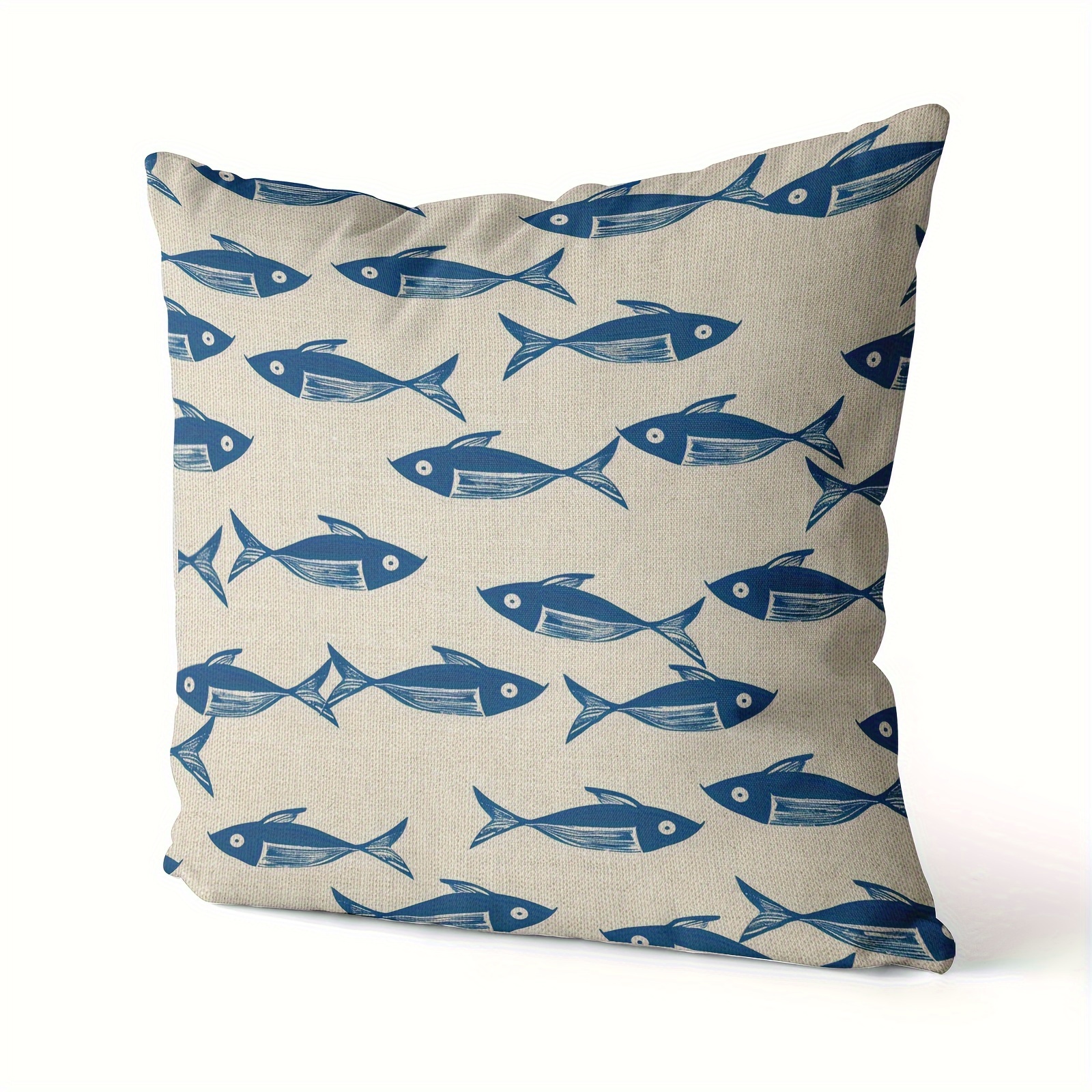 

Chic White & Blue Fish Pattern Throw Pillow Cover 18x18in - Decorative Cushion Case For Sofa, Bedroom, And Living Room - Machine Washable With Zip Closure