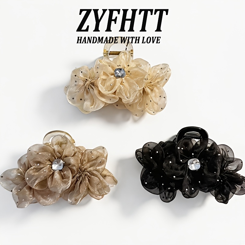 TEMU 3pcs Mesh Flower Grab Clip Ladies Elegant High Ponytail Shark Clip Fashion Hair Clip Hair Additions