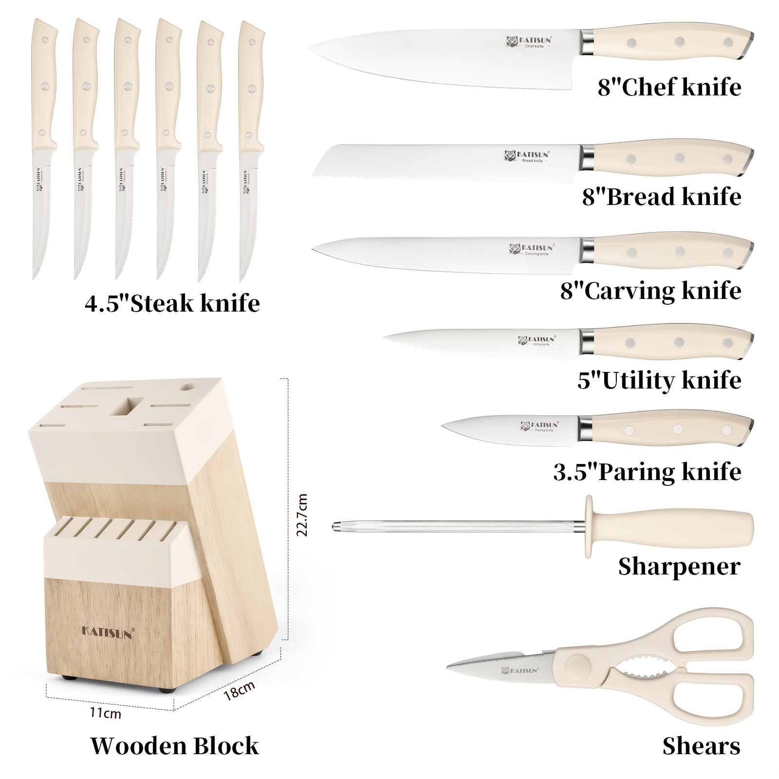 Professional-grade 14pcs High-carbon Stainless Steel Knife Set In Creamy White. Exceptional Sharpness, Includes Wooden Knife Block And Kitchen Shears. All Knives Feature Non-slip Ergonomic Handles. Ideal for Home Use, Travel, Or As A Gift.