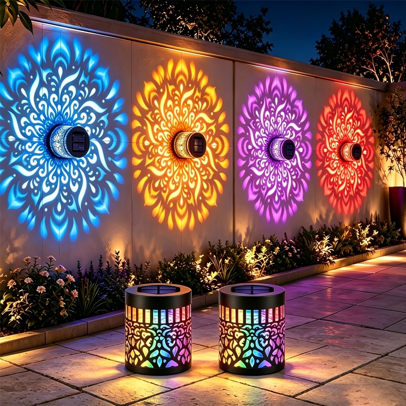 TEMU 2 Pack Solar Mandala Projection Wall Lights, 7-color Changing Ip65 Waterproof Metal, Auto Dusk To Dawn Decorative Fence Lights, Hollow Pattern