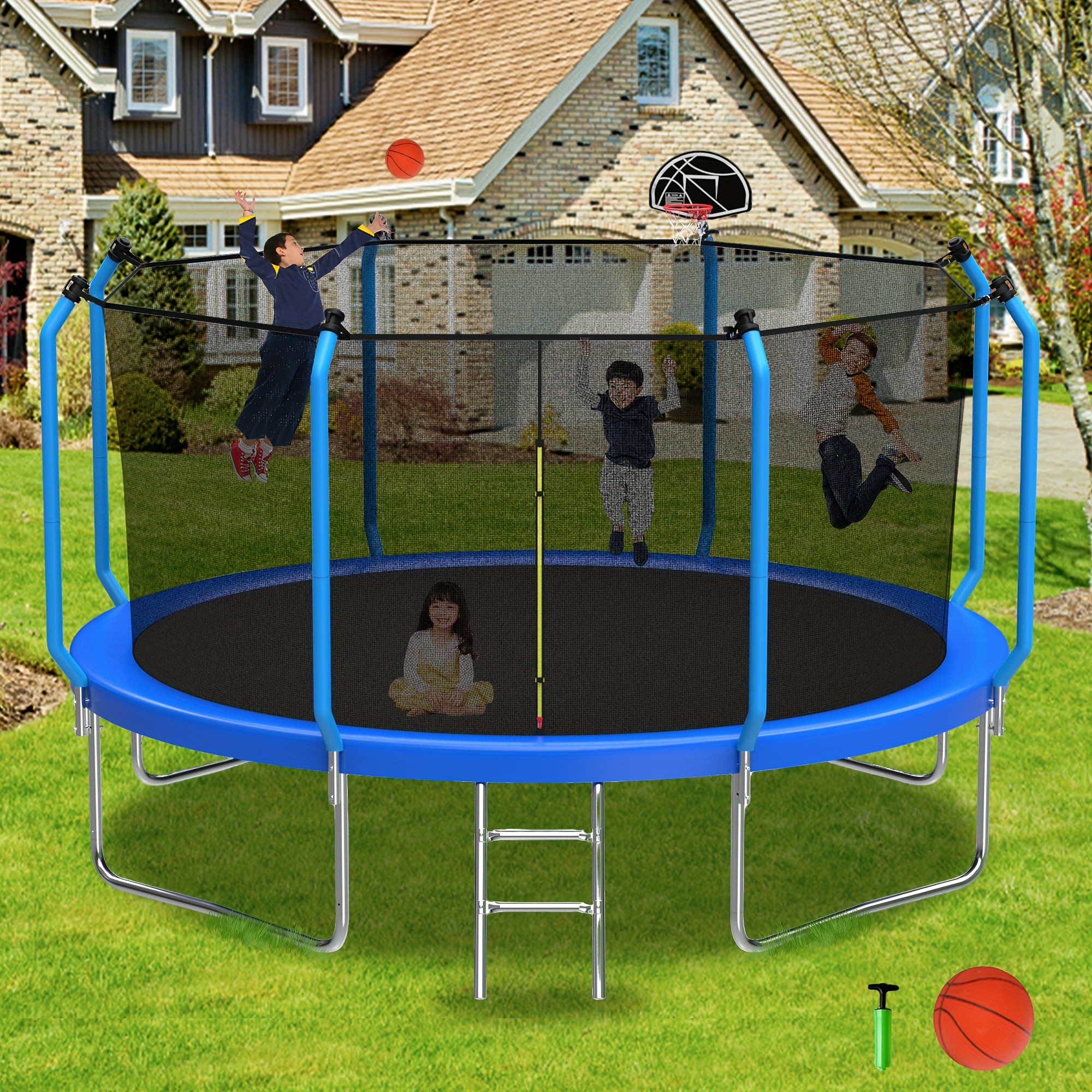 14ft/8ft Children's And Adult Recreational Trampolines, Outdoor Toy Trampolines with Basketball Hoops And Basketball, Backyard Trampolines with Ladders, Pumps, Fence Nets, Halloween Blue