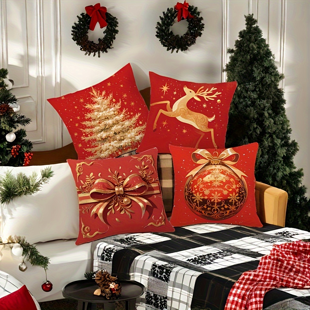 

4pcs Set Christmas Throw Pillow Covers - Red & Golden, Soft Polyester, Zip Closure - Living Room Decor (inserts Not Included) Decorative Pillows