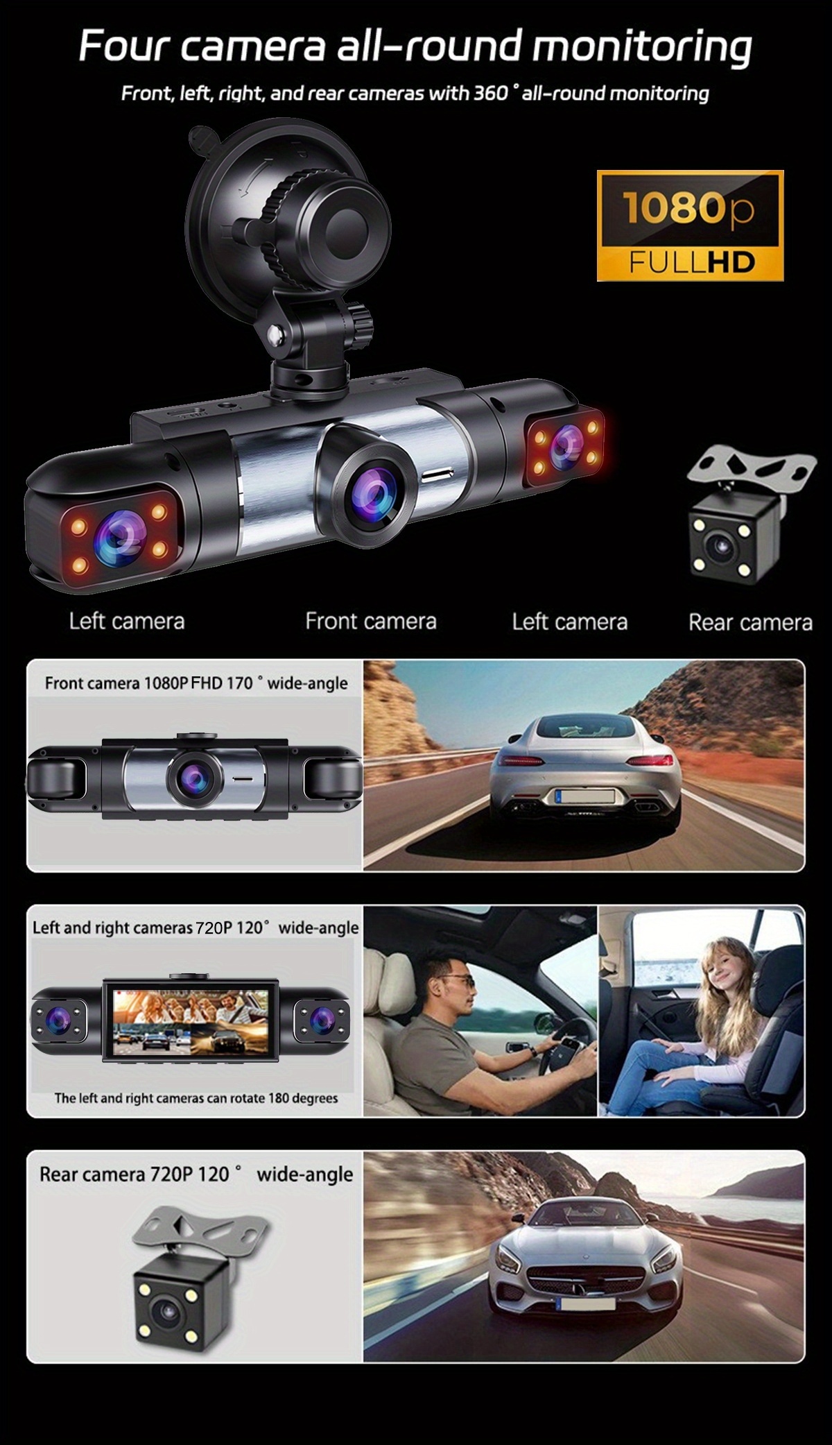 360 car dash cam real 4 channel design   3 channel front 1080p full hd rear   720    with   inch lcd screen rotatable lens night vision loop recording 24 hour parking monitoring Product details 3