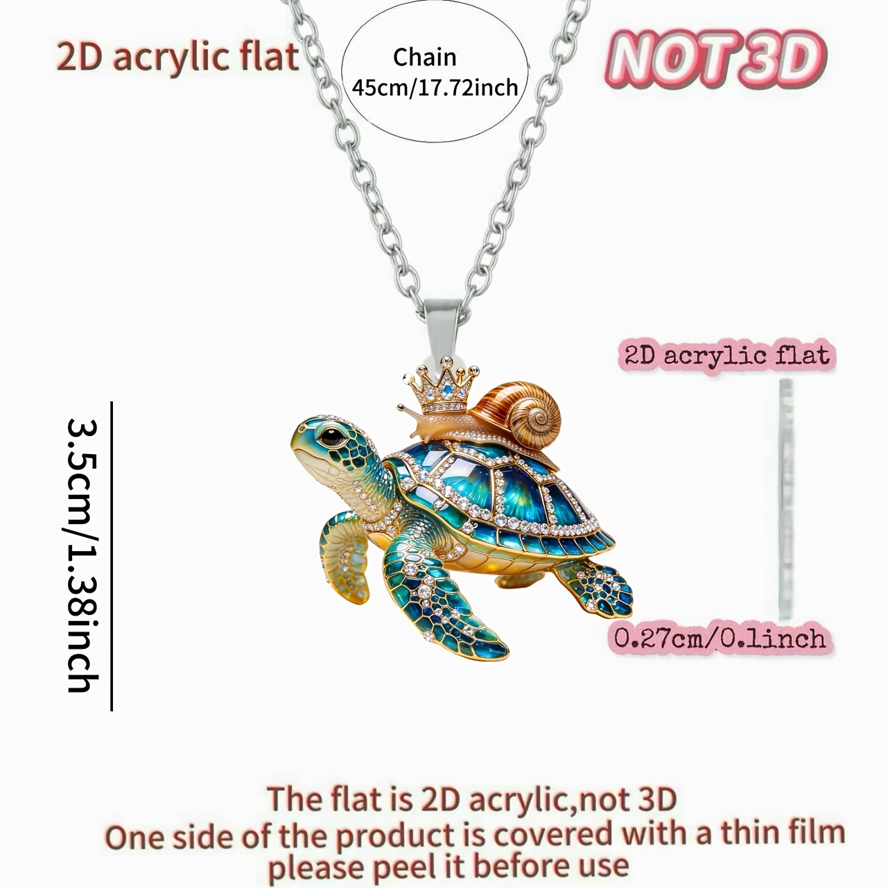 Women's 2D Acrylic Snail on Turtle Pendant Necklace, Gift Idea