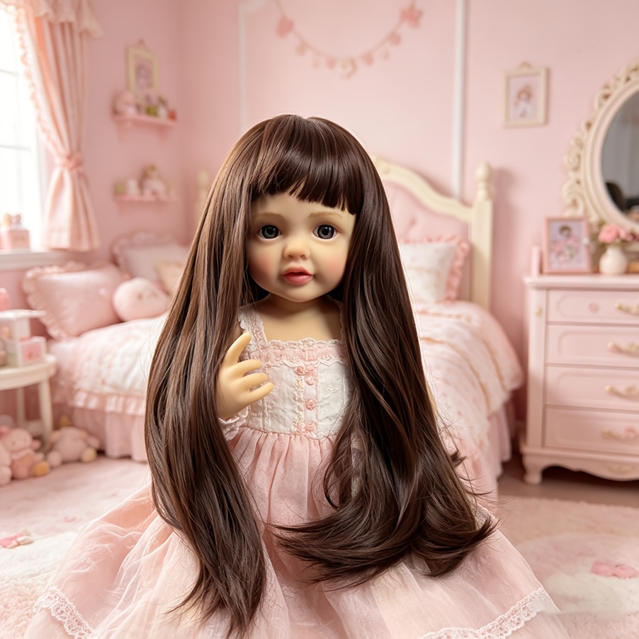 a wig with a head   of 14 15 inches designed for bjd sd dolls featuring a sweet and gentle style made from high temperature resistant fiber and high temperature material it offers soft and durable short straight hair or long straight