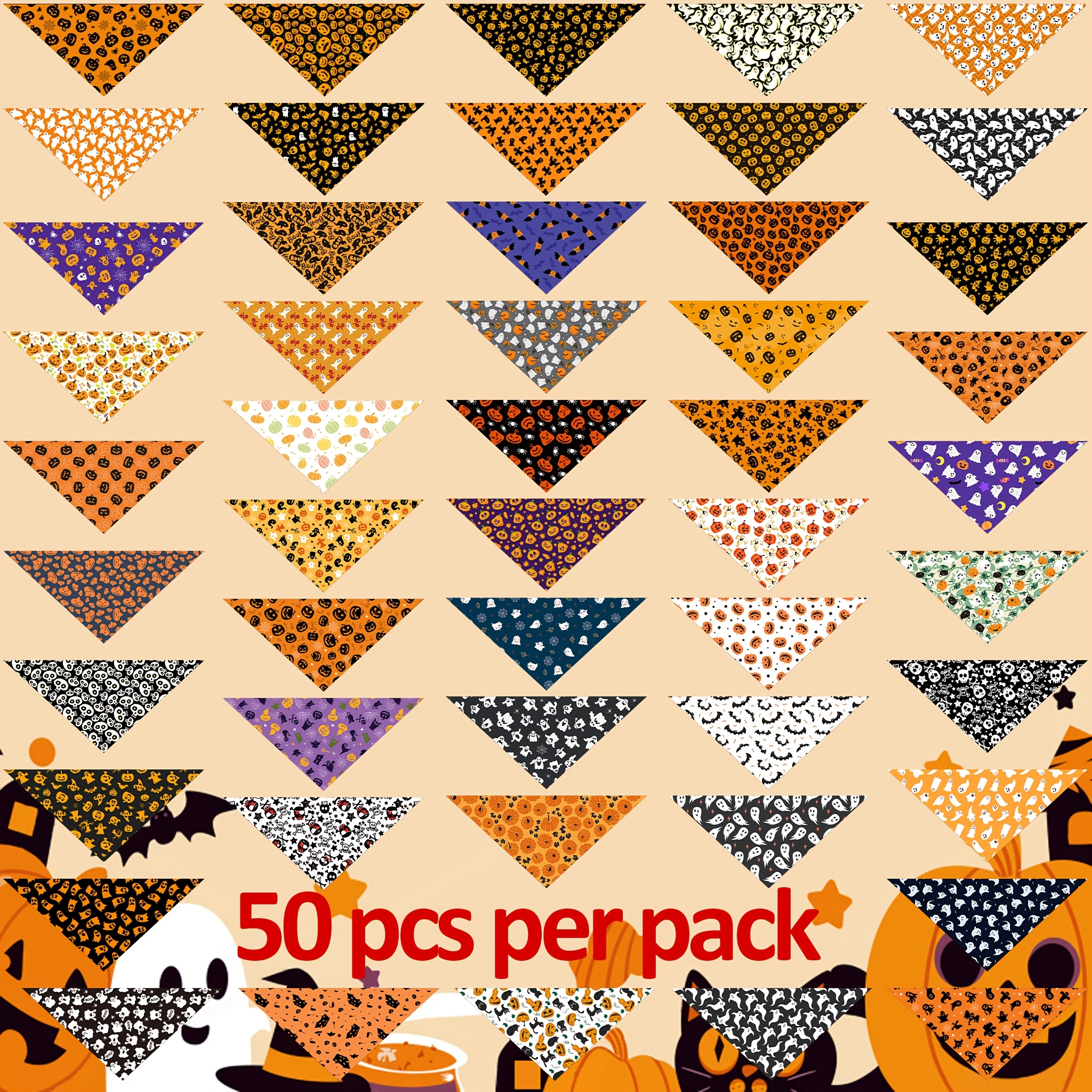 TEMU 50-pack Halloween Pet Bandanas, Halloween Triangle Scarf Bibs For Dogs Cats Holiday Costume Decor