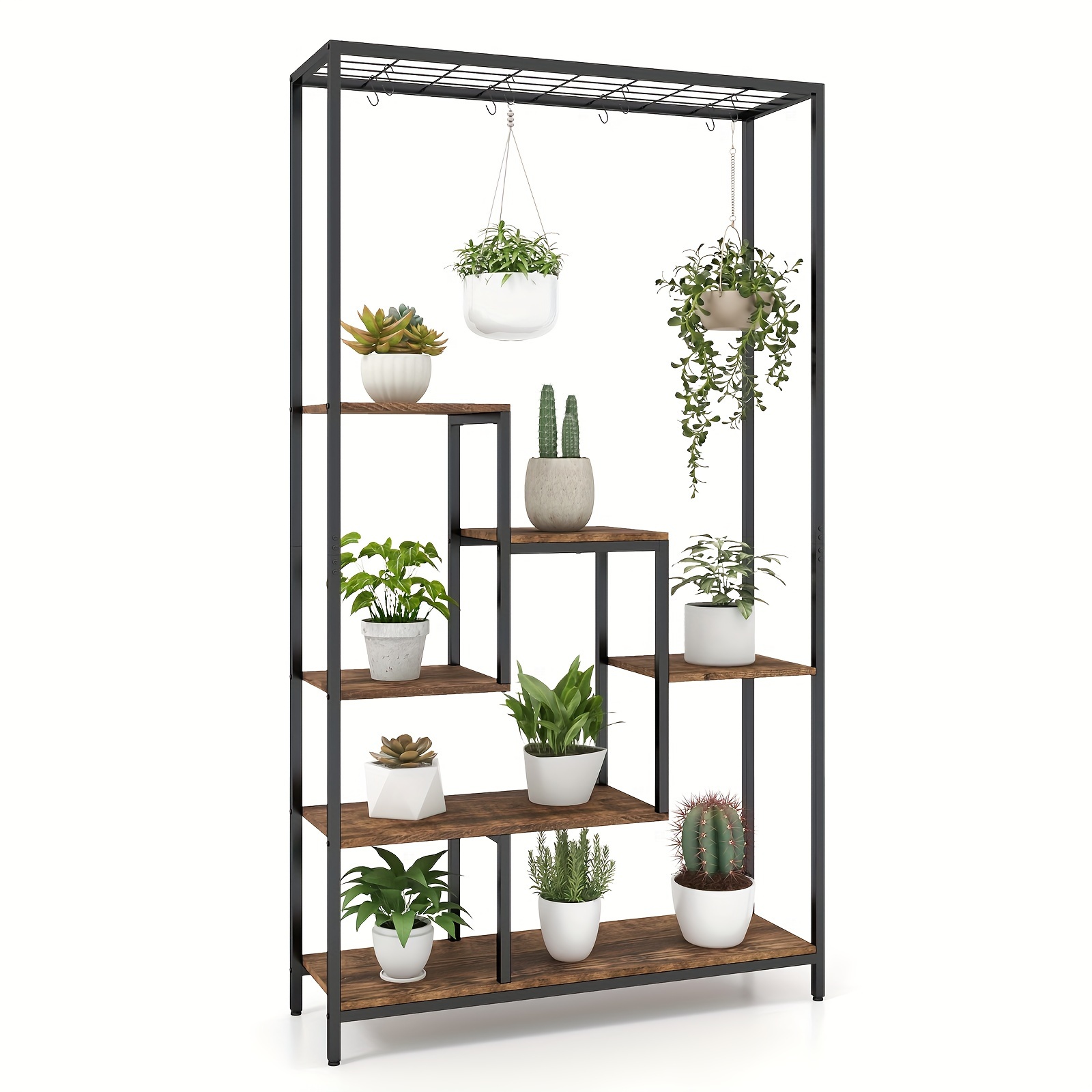

1pc 6-tier 71" Tall Plant Stand, W/ 10 Hanging Hooks & Wire Shelf For Multiple Plants