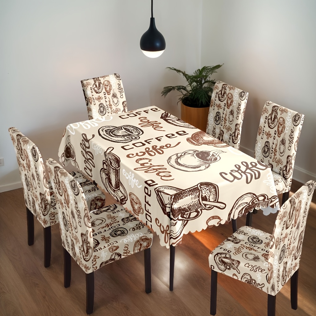 TEMU [Attivato] Set di tovaglia e coprisedie con stampa caff癡 retr簷 da 5/7 pezzi, set di coprisedie elastiche in stile minimalista moderno da 4/6