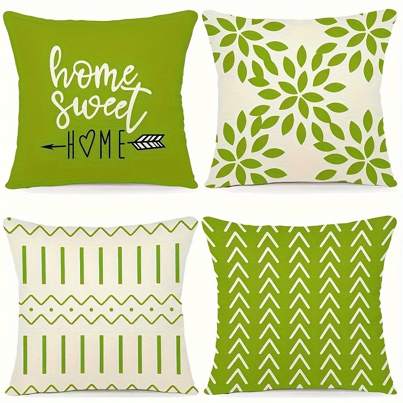 TEMU Contemporary Style Green Throw Pillow Covers Set Of 4, Decorative Machine Washable Polyester Cases, Geometric & Typographic Patterns, Zippered 18x18 Inch For Various Room Types