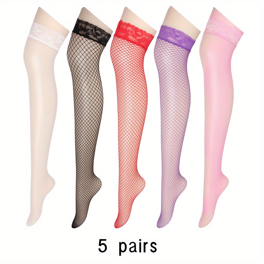 

5 Pairs Lace Top Fishnet Thigh High Stockings, Hot Hollow Out Over The Knee Socks, Women's Stockings & Hosiery